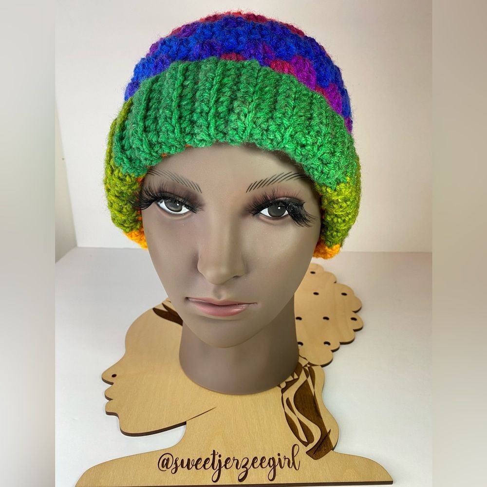 Favorite Rainbow stripe Handmade Crochet Acrylic Granny Stripe Stitch Beanie OS - Picture 3 of 10
